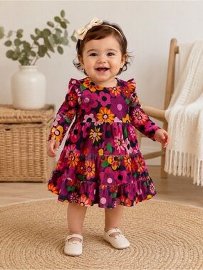Girl's Size 12/18 M  Gymboree Purple Daisy Floral Corduroy Dress Long Sleeve